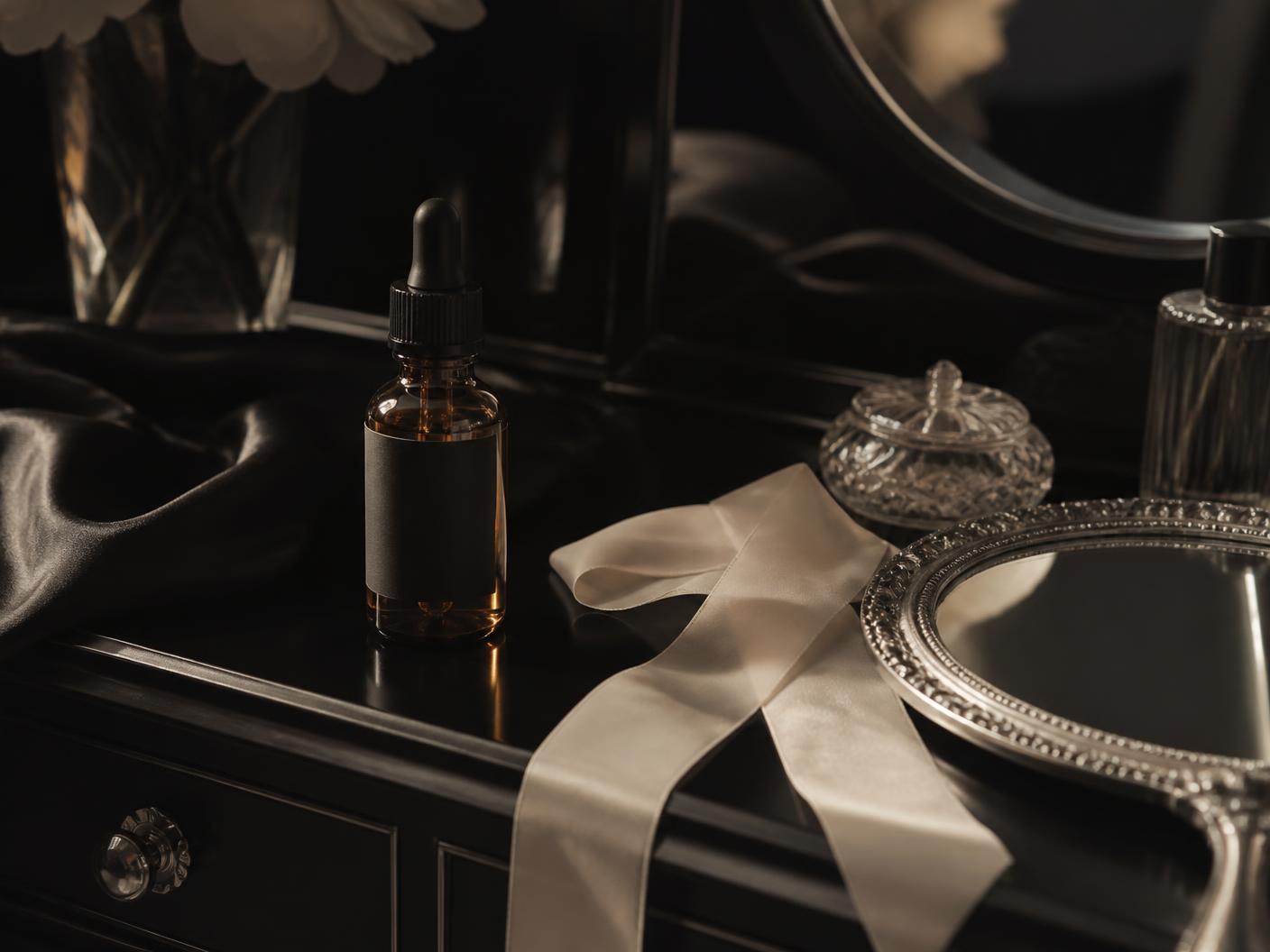 A sunlit vanity with linen, dried botanicals and an amber oil bottle